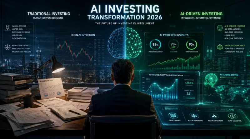how AI is changing investing in 2026, showing a futuristic financial dashboard with AI-powered stock analysis, automated trading systems, and a split view between traditional investing and AI-driven portfolio management in a modern fintech environment.