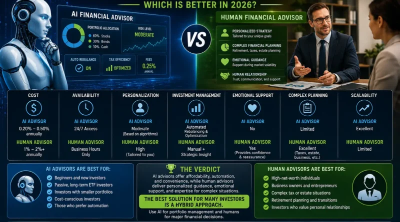 AI vs Human Financial Advisors comparison showing costs, personalization, investing strategies, and wealth management in 2026