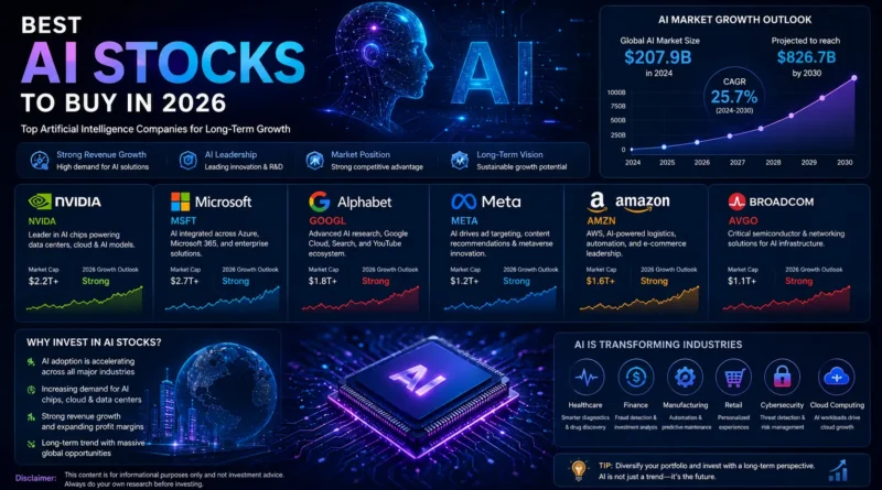 AI Stocks to Buy in 2026 featuring leading artificial intelligence companies benefiting from AI innovation, cloud computing, semiconductors, and machine learning growth