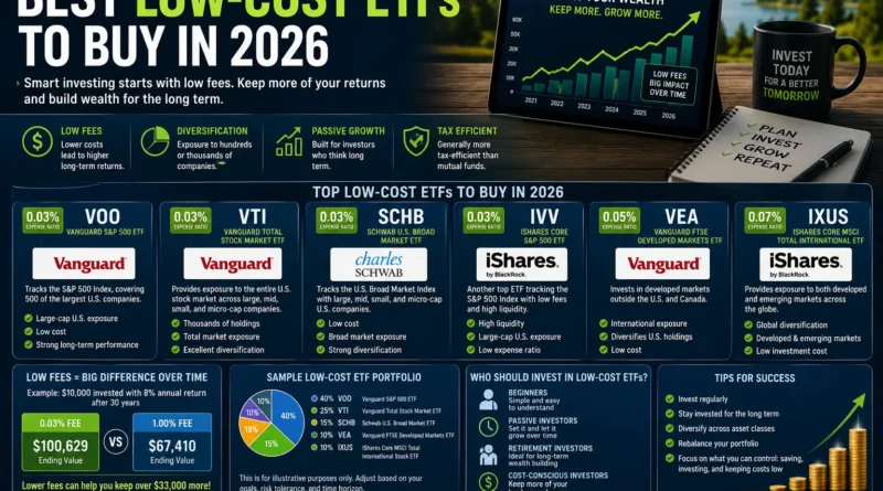 Best Low-Cost ETFs to Buy in 2026 featuring diversified index funds and low-fee investment opportunities for long-term investors