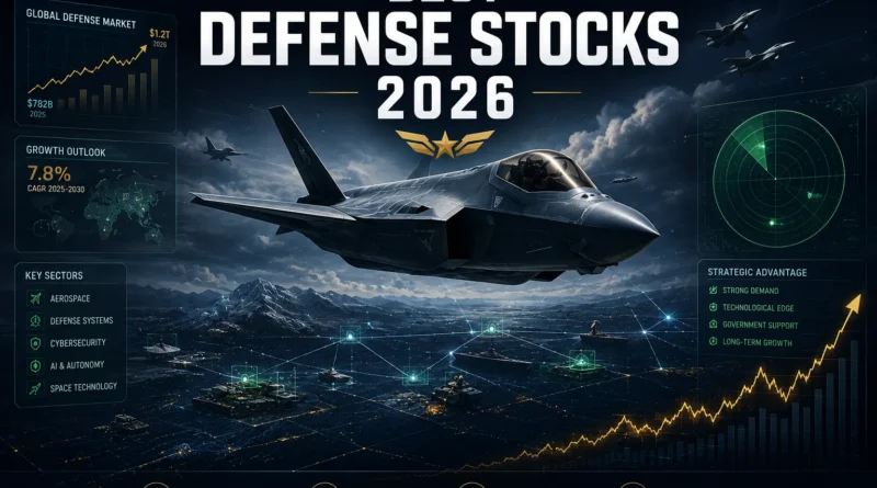 Best defense stocks 2026 - military fighter jet with digital battlefield and investment elements