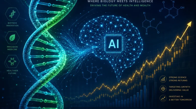 Best biotech stocks 2026 - DNA helix with AI neural network and investment growth elements