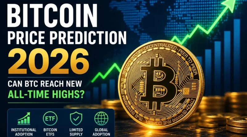 Bitcoin Price Prediction 2026 showing BTC growth potential, institutional adoption, ETFs, and crypto market outlook
