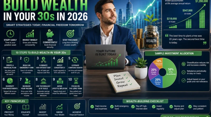 Build Wealth in Your 30s in 2026 showing investing, savings, compound growth, and long-term financial planning strategies for achieving financial freedom