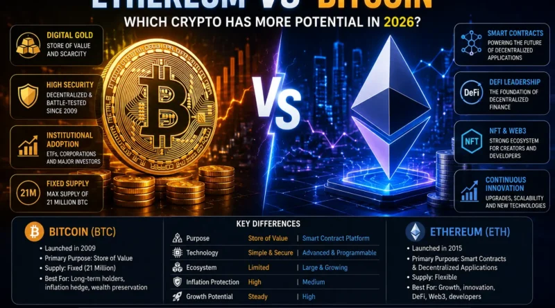 Ethereum vs Bitcoin comparison in 2026 showing growth potential, blockchain technology, and cryptocurrency investment opportunities