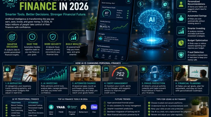 AI and Personal Finance in 2026 showing AI-powered budgeting, investing, automated savings, and financial planning tools