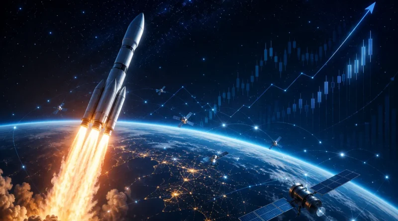top space stocks 2026 - rocket launching with satellite network and investment growth elements