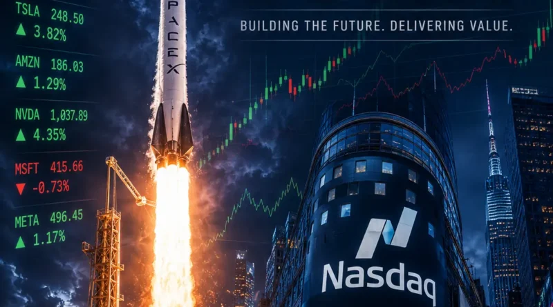 SpaceX IPO 2026 - rocket launch with Nasdaq stock exchange and market data elements