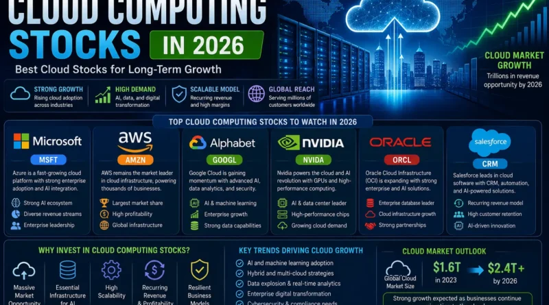 Top Cloud Computing Stocks in 2026 featuring leading cloud infrastructure companies driving AI and digital transformation growth