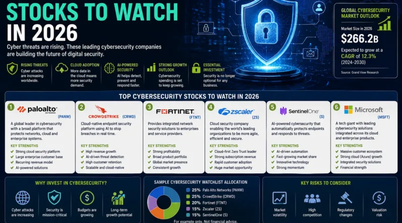 Top Cybersecurity Stocks to Watch in 2026 featuring leading cybersecurity companies benefiting from AI, cloud security, and rising cyber threat protection
