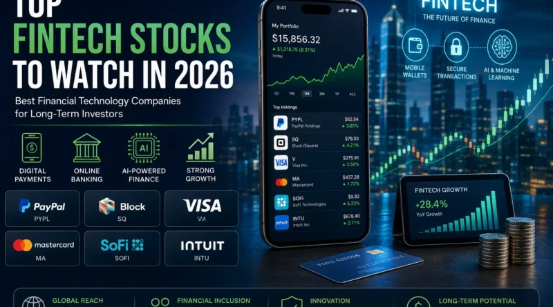 Top Fintech Stocks to Watch in 2026 featuring leading financial technology companies benefiting from digital payments, online banking, and AI-powered finance
