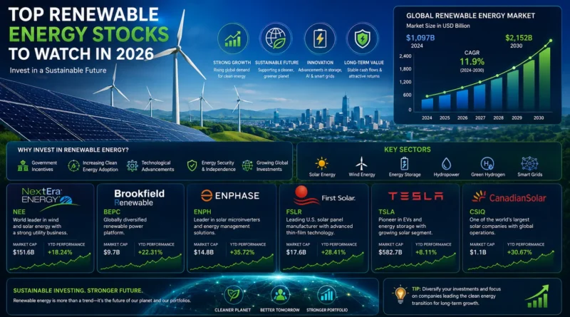 Renewable Energy Stocks to Watch in 2026 featuring leading clean energy companies, solar power, wind energy, sustainable infrastructure, and long-term growth opportunities for investors
