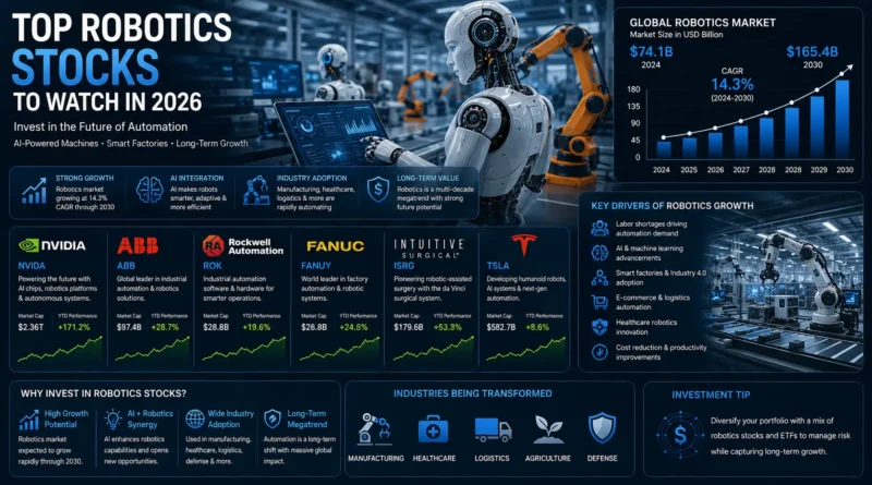 Robotics Stocks to Watch in 2026 featuring leading automation companies, artificial intelligence, industrial robotics, smart factories, and long-term growth opportunities for investors