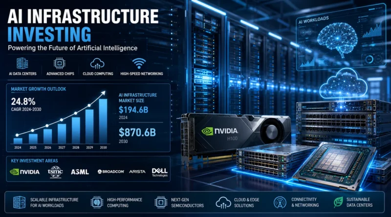 Best AI Infrastructure Stocks to Buy in 2026 infographic showing AI chips, cloud computing, data centers, networking infrastructure, and leading companies powering artificial intelligence growth.