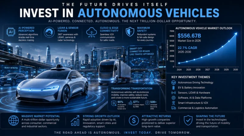 Best Autonomous Vehicle Stocks to Buy in 2026 featuring self-driving cars, AI-powered transportation, LiDAR sensors, autonomous trucks, smart mobility, and leading technology companies driving the future of transportation.