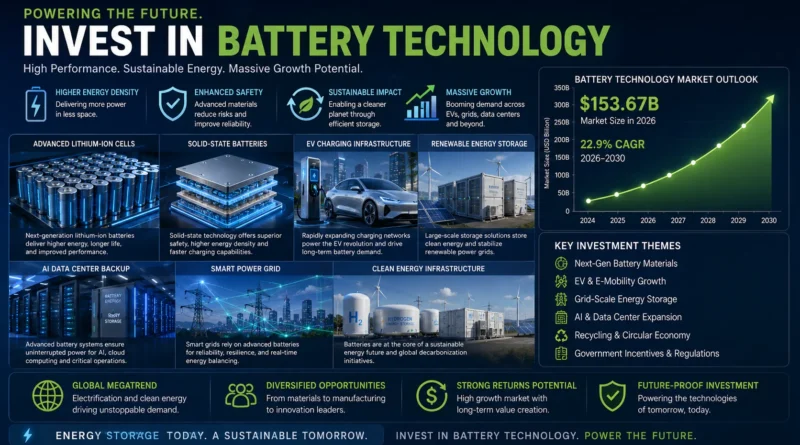 Best Battery Technology Stocks to Buy in 2026 featuring lithium-ion batteries, solid-state battery technology, electric vehicles, renewable energy storage, AI data centers, and leading companies driving the future of electrification.