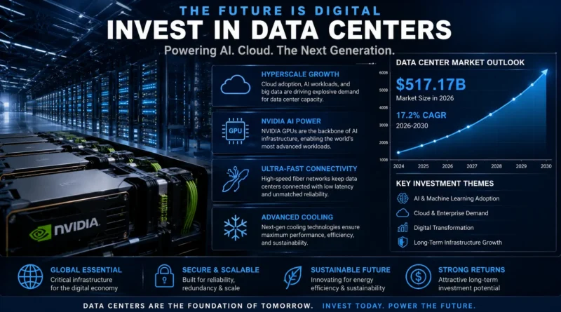 Best Data Center Stocks to Buy in 2026 featuring AI infrastructure, hyperscale data centers, cloud computing, NVIDIA-powered servers, and digital infrastructure companies driving long-term growth