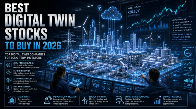 Best Digital Twin Stocks to Buy in 2026, AI-powered digital twin of a smart factory, connected industrial systems, engineering software, and smart infrastructure representing the best Digital Twin stocks to buy in 2026.
