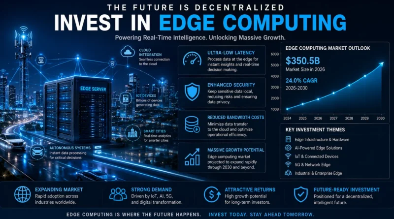 Best Edge Computing Stocks to Buy in 2026 featuring AI edge servers, cloud infrastructure, 5G networks, IoT devices, and leading technology companies driving the future of low-latency computing.
