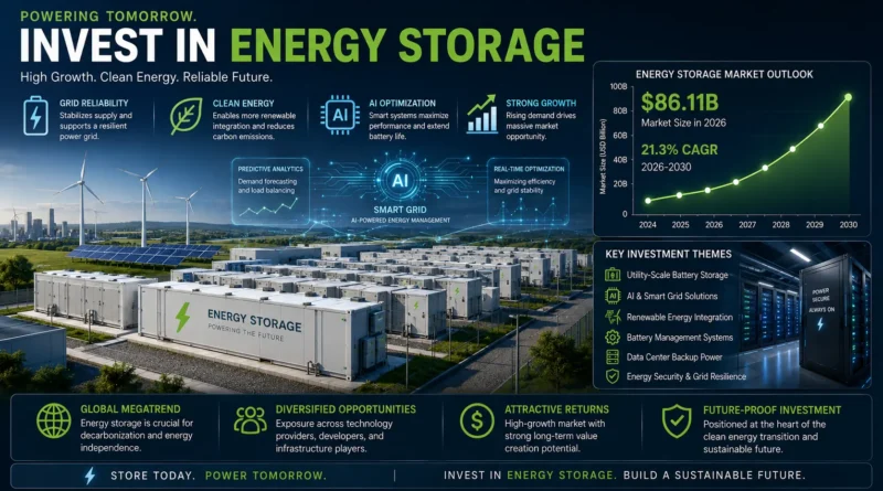 Best Energy Storage Stocks to Buy in 2026 featuring grid-scale battery storage, AI-powered energy management, renewable energy infrastructure, smart electricity grids, and leading companies driving the future of energy storage.