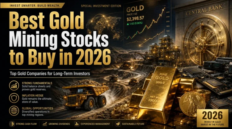Best Gold Mining Stocks to Buy in 2026, Modern gold mining operation with gold bars, processing facilities, and financial market charts representing the best gold mining stocks to buy in 2026.