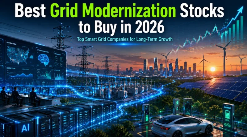 Best Grid Modernization Stocks to Buy in 2026,Modern smart electrical grid infrastructure featuring AI-powered substations, transmission lines, renewable energy, and advanced power management technologies in 2026.