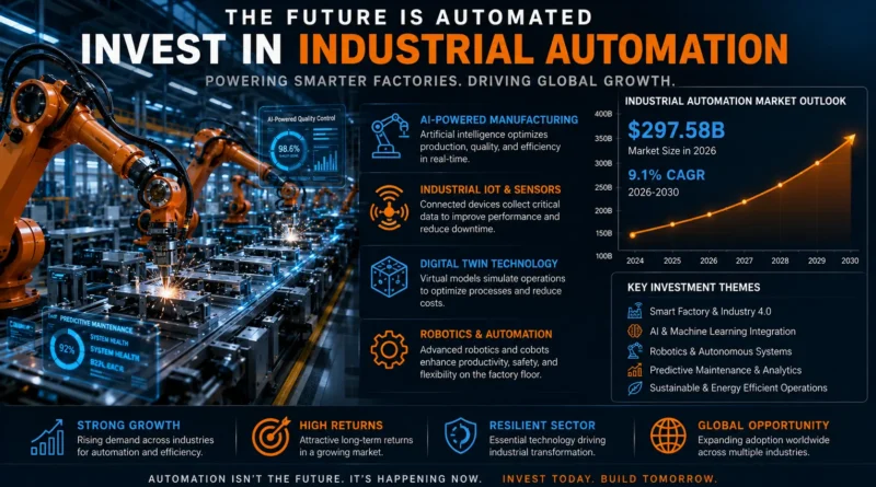 Best Industrial Automation Stocks to Buy in 2026 featuring smart factories, industrial robots, AI-powered manufacturing, Industry 4.0 technologies, and leading automation companies driving long-term investment growth.