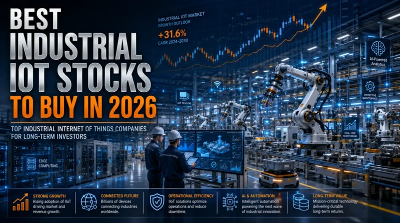 Best Industrial IoT Stocks to Buy in 2026, Smart factory with AI-powered machines, industrial robots, connected IoT sensors, and edge computing infrastructure representing the best Industrial IoT stocks to buy in 2026.