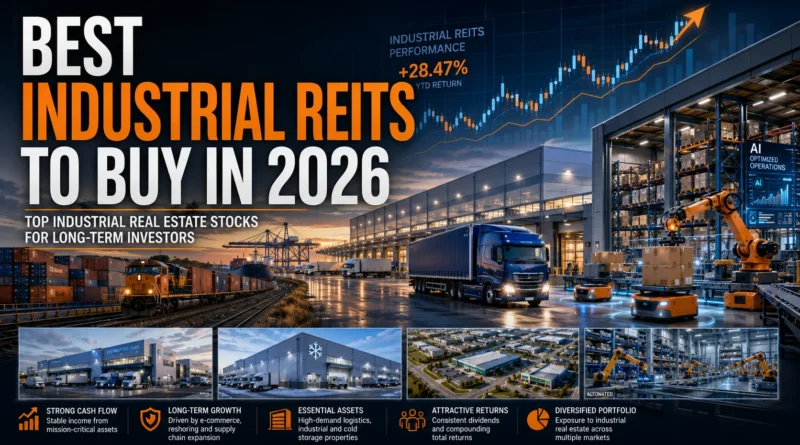Best Industrial REITs to Buy in 2026, Modern industrial warehouses, logistics centers, cold-storage facilities, and AI-powered distribution hubs representing the best industrial REITs to buy in 2026.