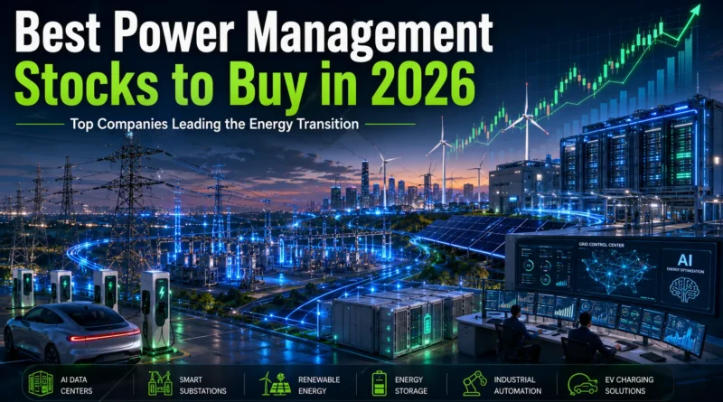 Best Power Management Stocks to Buy in 2026, Advanced power management infrastructure featuring AI data centers, smart substations, renewable energy, battery storage, and intelligent electrical distribution systems in 2026.