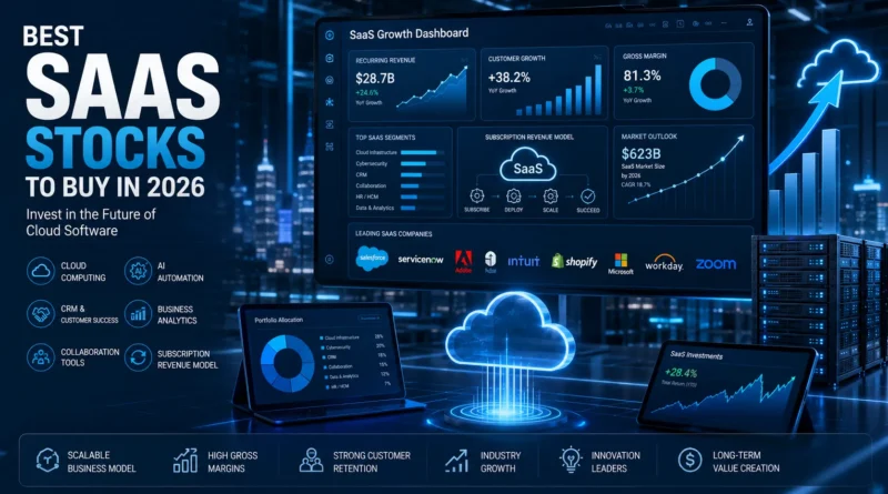 Best SaaS Stocks to Buy in 2026 infographic featuring leading cloud software companies, AI-powered enterprise applications, CRM platforms, collaboration tools, and software-as-a-service investing opportunities.