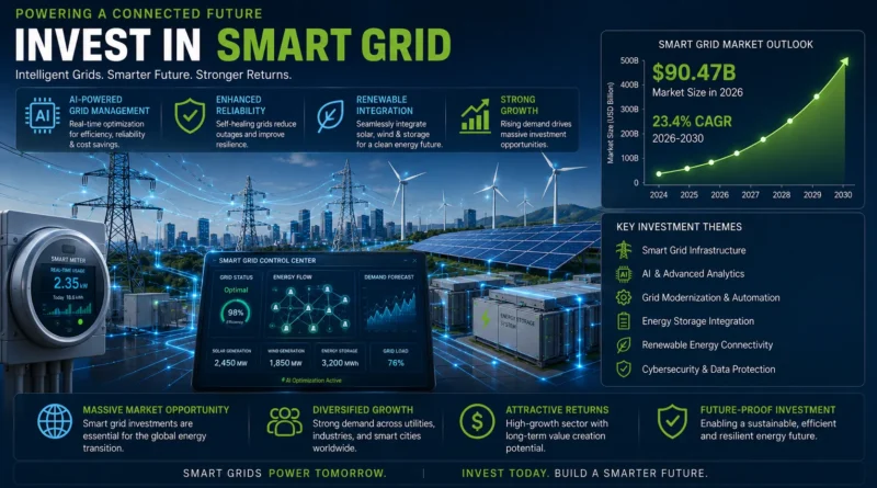 Best Smart Grid Stocks to Buy in 2026 featuring intelligent electricity grids, AI-powered energy management, smart meters, renewable energy integration, digital utility infrastructure, and leading smart grid companies.