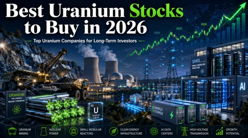 Best Uranium Stocks to Buy in 2026, Modern uranium mining operation with nuclear power plants and clean energy infrastructure supporting the AI-driven electricity boom in 2026.
