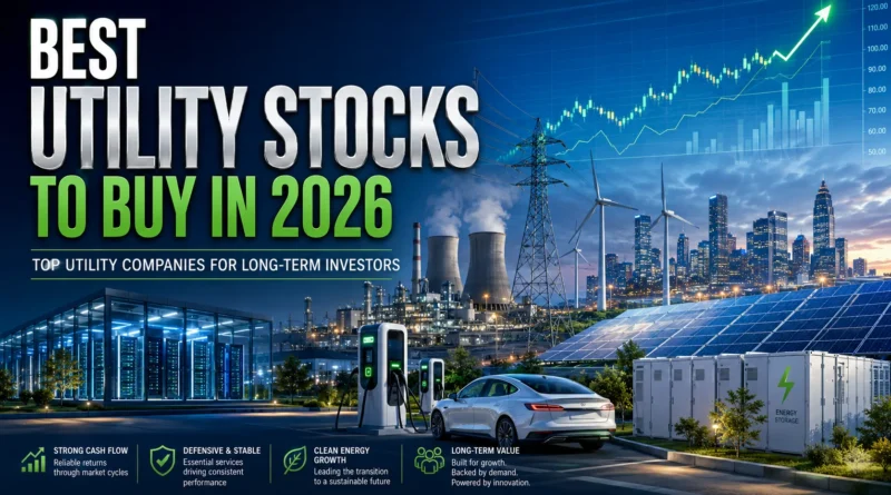 Best Utility Stocks to Buy in 2026, Modern electric utility infrastructure with power plants, transmission lines, AI data centers, renewable energy facilities, and smart grids representing the best utility stocks to buy in 2026.
