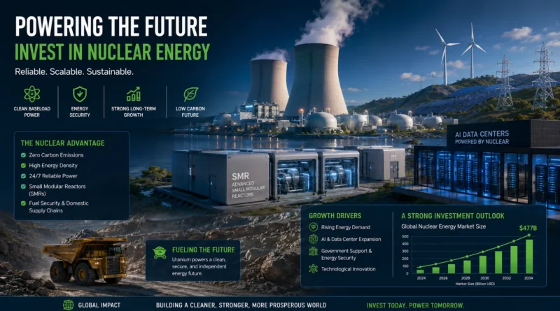 Best Nuclear Energy Stocks to Buy in 2026 featuring leading nuclear power companies, uranium production, small modular reactors, AI-driven electricity demand, and clean energy investment opportunities