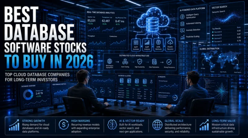 Best Database Software Stocks to Buy in 2026 featuring cloud databases, AI data infrastructure, vector search, enterprise data platforms, and modern database technology.