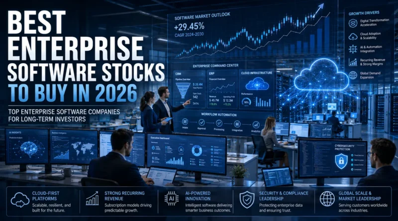Best Enterprise Software Stocks to Buy in 2026, AI-powered enterprise software dashboards, cloud computing infrastructure, business analytics, and digital workflow automation representing the best Enterprise Software stocks to buy in 2026.