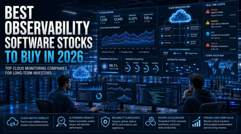 Best Observability Software Stocks to Buy in 2026 featuring AI-powered cloud monitoring dashboards, application performance analytics, DevOps infrastructure, and enterprise observability platforms.